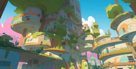 illustration of shady fantasy tropical town in the day