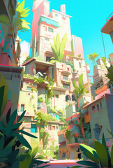 illustration of sunny fantasy tropical town in the morning