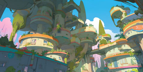 illustration of shady fantasy tropical town in the day