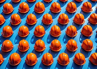 Rows of vibrant orange safety helmets aligned on a bright blue background, stark hard shadows accentuating their shapes, industrial pattern backdrop from above viewpoint.