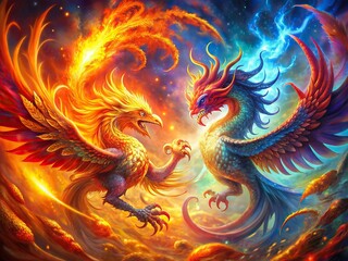 Vibrant phoenix and mighty dragon engage in epic battle amidst swirling flames and mystical aura, their elemental powers exploding in a kaleidoscope of color and energy.