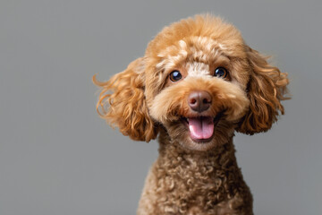 Fototapeta premium Head shot of a brown toy poodle dog looking at the camera on a gray studio background