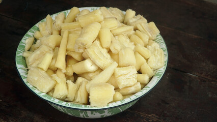 Singkong rebus or boiled cassava is a traditional Indonesian meal made from steamed cassava. Focus selected