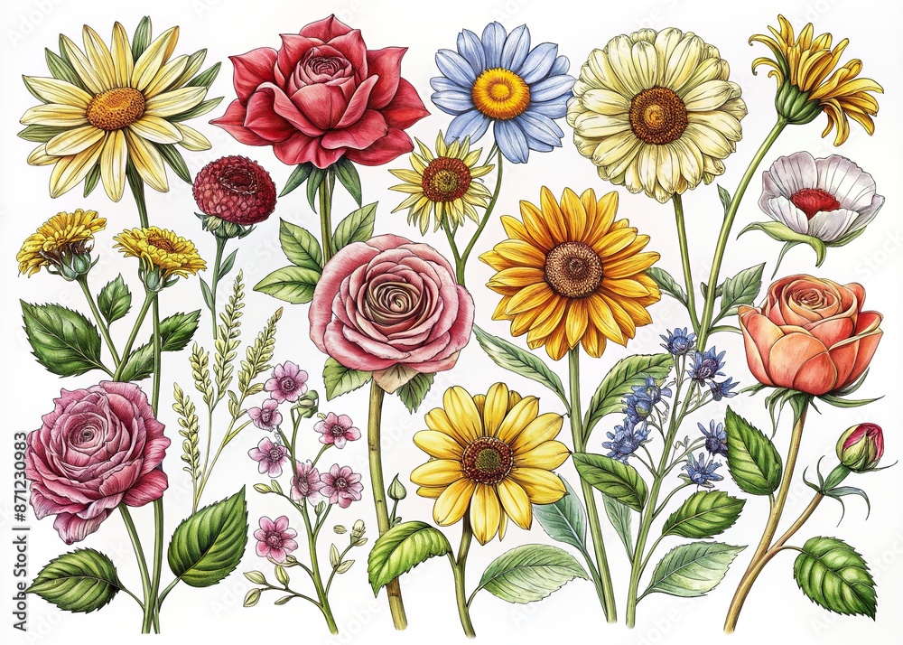 Sticker delicate hand-drawn botanical illustrations of various colorful garden flowers, including roses, dai