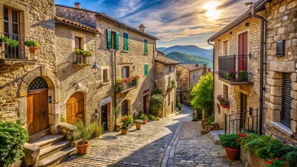 Fototapeta premium Serene empty street lined with ancient stone houses in Fossato di Vico, Italy, showcasing historic architecture and rustic charm under a warm sunny sky.
