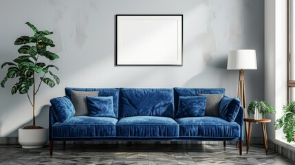 Mockup frame, cozy living room with blue sofa and decor on gray wall background.