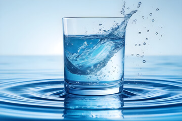 Glass with water and water splashes on blue water background