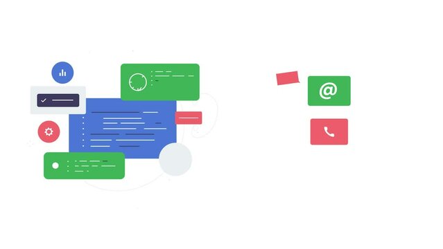 Programming and communication. Moving banner with parts of computer code. Mobile application and program development. Software and app. Social networks and email. Flat style animated clip