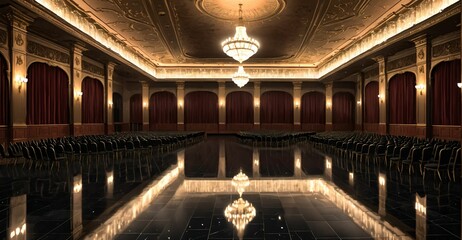 Obraz premium palace ballroom castle mansion interior design. baroque victorian empty lavish luxurious room decor stage with curtains. reflective dark stone floor, gold and red detailing, and intricate designs.