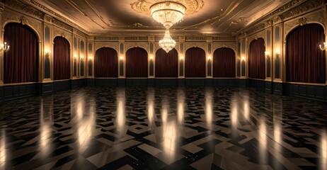 Obraz premium palace ballroom castle mansion interior design. baroque victorian empty lavish luxurious room decor stage with curtains. reflective dark stone floor, gold and red detailing, and intricate designs.
