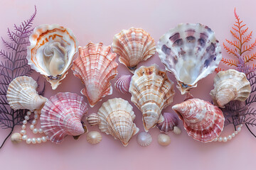 Obraz premium Grotto Day. Oyster Day. Flat lay of freshly shucked oysters in a row on a peach background, decorated with antique silverware, seashells, and coral pink roses