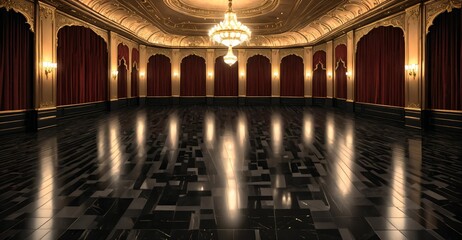 Obraz premium palace ballroom castle mansion interior design. baroque victorian empty lavish luxurious room decor stage with curtains. reflective dark stone floor, gold and red detailing, and intricate designs.