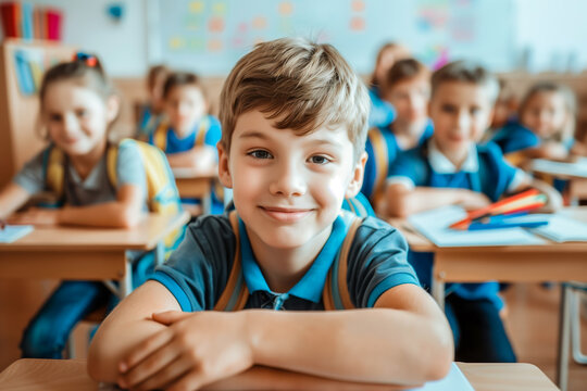 Smiling Boy in Classroom with Classmates Back to School