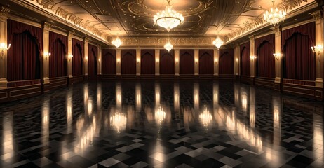 palace ballroom castle mansion interior design. baroque victorian empty lavish luxurious room decor stage with curtains. reflective dark stone floor, gold and red detailing, and intricate designs.