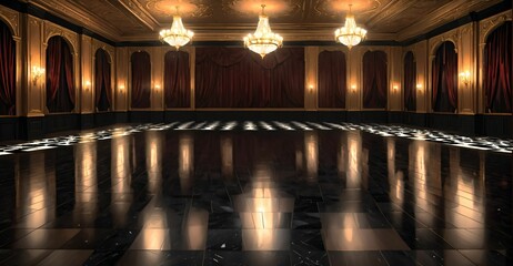 palace ballroom castle mansion interior design. baroque victorian empty lavish luxurious room decor stage with curtains. reflective dark stone floor, gold and red detailing, and intricate designs.