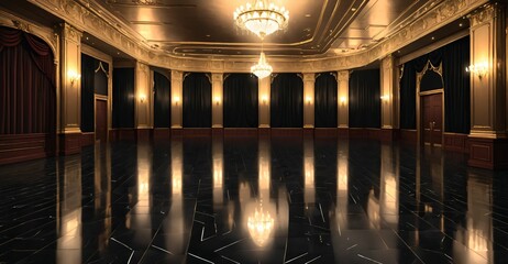 palace ballroom castle mansion interior design. baroque victorian empty lavish luxurious room decor stage with curtains. reflective dark stone floor, gold and red detailing, and intricate designs.