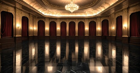 Obraz premium palace ballroom castle mansion interior design. baroque victorian empty lavish luxurious room decor stage with curtains. reflective dark stone floor, gold and red detailing, and intricate designs.