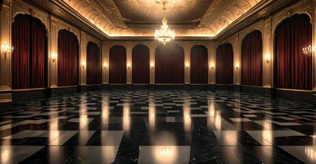 Obraz premium palace ballroom castle mansion interior design. baroque victorian empty lavish luxurious room decor. reflective dark stone floor, gold and red detailing, and intricate designs.