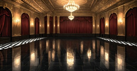 Obraz premium palace ballroom castle mansion interior design. baroque victorian empty lavish luxurious room decor. reflective dark stone floor, gold and red detailing, and intricate designs.
