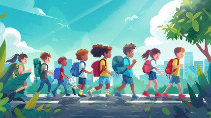 Cartoon style image of children with backpacks walking in a line on a path through a park on a sunny day, capturing the essence of adventure, learning, and camaraderie in a playful manner.