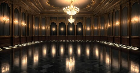 Obraz premium palace ballroom castle mansion interior design. baroque victorian empty lavish luxurious room decor. reflective dark stone floor, gold and red detailing, and intricate designs.