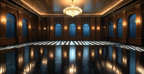 Obraz premium palace ballroom castle mansion interior design. baroque victorian empty lavish luxurious room decor. reflective dark stone floor, gold and red detailing, and intricate designs.