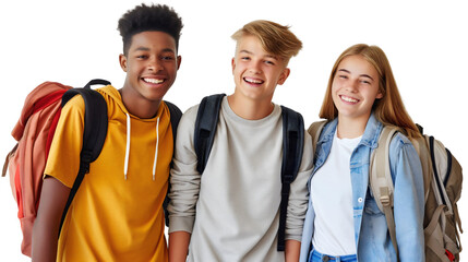 Portrait of group of happy smiling diverse friends, teenager African American and Caucasian multiethnic multiracial boys and girl wearing backpacks isolated. Student classmates laughing, gen z