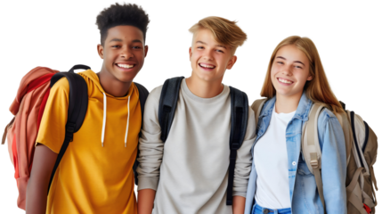 Portrait of group of happy smiling diverse friends, teenager African American and Caucasian multiethnic multiracial boys and girl wearing backpacks isolated. Student classmates laughing, gen z