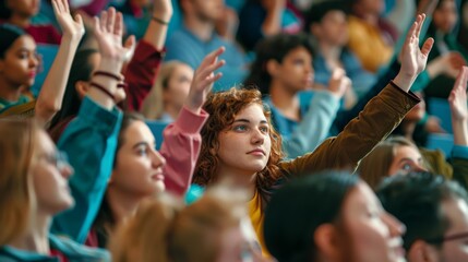 Students in a classroom environment eagerly raising their hands to participate, reflecting active engagement, enthusiasm, and involvement in the academic process.
