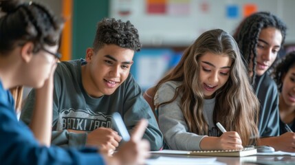 Obraz premium Group of students actively engaged in collaborative work in a classroom, discussing, sharing ideas, and writing in notebooks, demonstrating teamwork and learning.