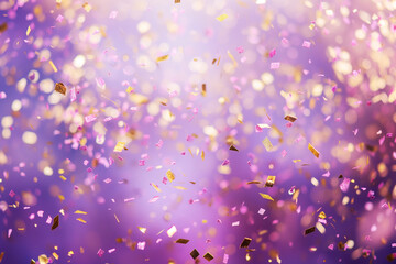 Gold confetti flies on purple background, abstract blurred background for Christmas celebration