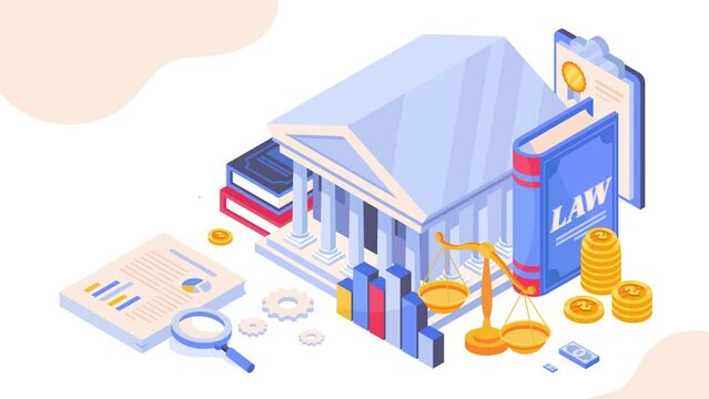 Public finance building. Moving banner with bank building. Taxation and accounting, budgeting. Golden coins, scales and book of laws. Transfers and transactions. Isometric animated graphics