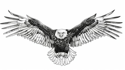 A striking stylized image of an eagle with its wings spread wide, featuring meticulous details and line work that celebrate the bird&rsquo;s powerful and commanding presence.