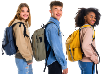 Portrait of group of happy smiling diverse friends, teenager African American and Caucasian multiethnic multiracial boys and girl wearing backpacks isolated. Student classmates laughing, gen z