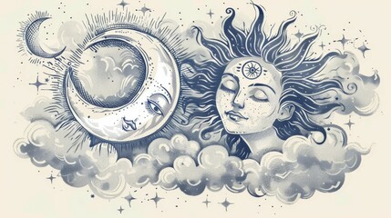 An artistic black and white tattoo design featuring the sun and moon with faces, surrounded by clouds and stars, portraying a cosmic harmony and celestial beauty.