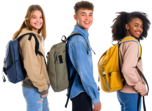 Portrait of group of happy smiling diverse friends, teenager African American and Caucasian multiethnic multiracial boys and girl wearing backpacks isolated. Student classmates laughing, gen z