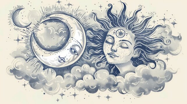 An artistic black and white tattoo design featuring the sun and moon with faces, surrounded by clouds and stars, portraying a cosmic harmony and celestial beauty.