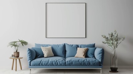 Mockup frame, cozy living room with blue sofa and decor on white wall background, Generative Ai.