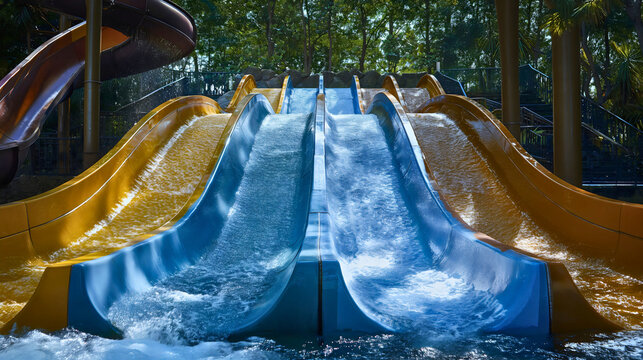 Blue and yellow summer aqua park water slide, nobody on an outdoor playground. Fun entertainment or amusement for swimming and playing, child kid holiday vacation ride activity, attraction