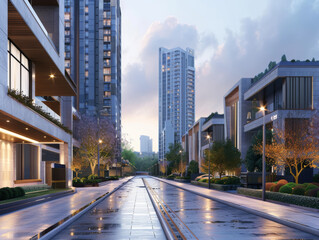 Fototapeta premium Realistic photo of an elegant street in a modern city at twilight 