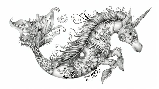 A stunning black-and-white illustration of a hybrid mermaid unicorn with underwater-themed patterns and intricate details, blending fantasy elements with aquatic themes.