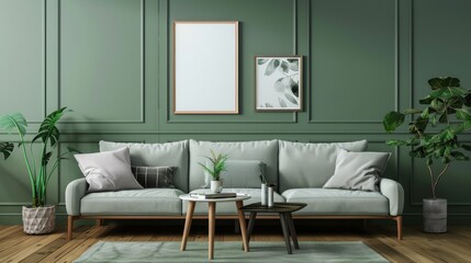 Mockup Frames gray sofa with table on green wall and wooden flooring, Generative Ai.