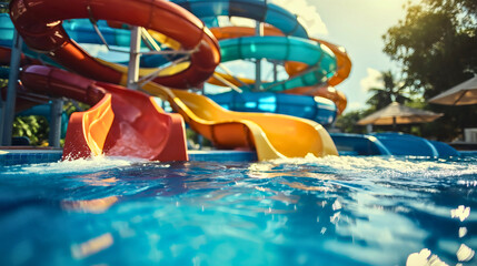 Colorful summer aqua park water slide, nobody on an outdoor playground. Fun entertainment or amusement for swimming in pool and playing, child kid holiday vacation ride activity, spiral tube