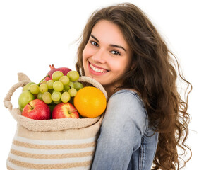 Portrait of happy smiling young beautiful woman holding a bag full of various different fruits, isolated on a transparent background. Supermarket grocery shopping, girl healthy retail store food buy