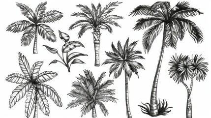 Naklejka premium Sketches of different types of palm trees showcasing the intricate details and diversity in shape, portrayed in a monochrome artistic style.