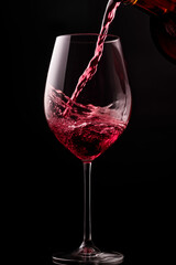 A glass on a black studio background in which red wine is poured. A moment of a wave in the glass.
