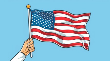 In this image, a hand holds a waving United States flag against a solid blue background. The colors and the flag’s movement symbolize patriotism and national pride in an animated style.