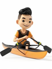 Energetic cartoon style 3D render of an Asian female rower in a rowing boat, powerful stroke, white background, no logos 