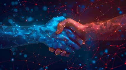 A digital handshake between two hands formed by connected network nodes, signifying modern collaboration and technological partnership in a futuristic setting.