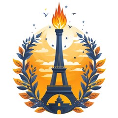 Olympic Fire Logo Design. Symbol of the 2024 Summer Olympics, sport games concept. Olympic torch with Flame on the Eiffel Tower icon in Paris, France. Illustration isolated on white background